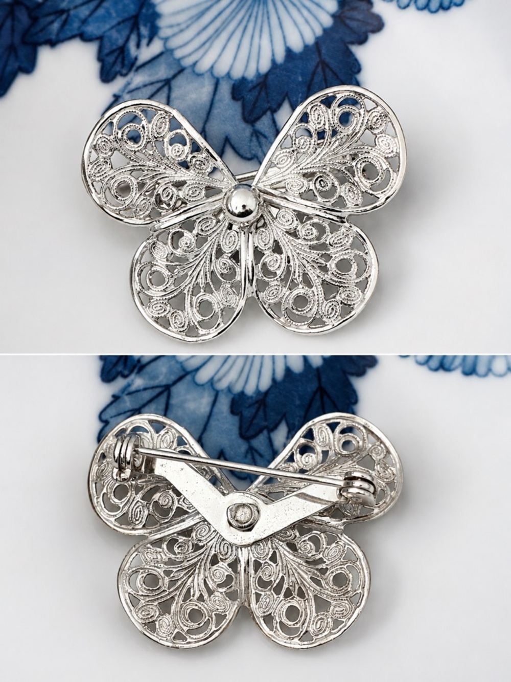 Vintage Silver Tone Filigree Butterfly Brooch